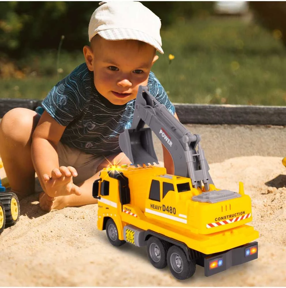 Malplay Žaislinis sunkvežimis su ekskavatoriumi, statybinis vilkikas, automobilis 1:16, šviesos, garsas