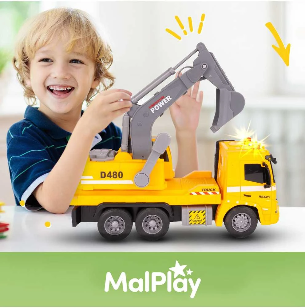 Malplay Žaislinis sunkvežimis su ekskavatoriumi, statybinis vilkikas, automobilis 1:16, šviesos, garsas