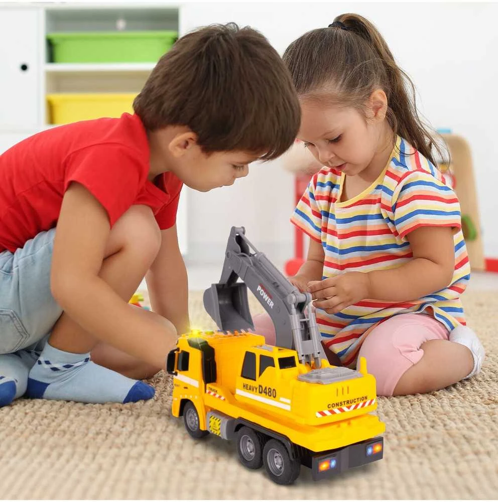 Malplay Žaislinis sunkvežimis su ekskavatoriumi, statybinis vilkikas, automobilis 1:16, šviesos, garsas