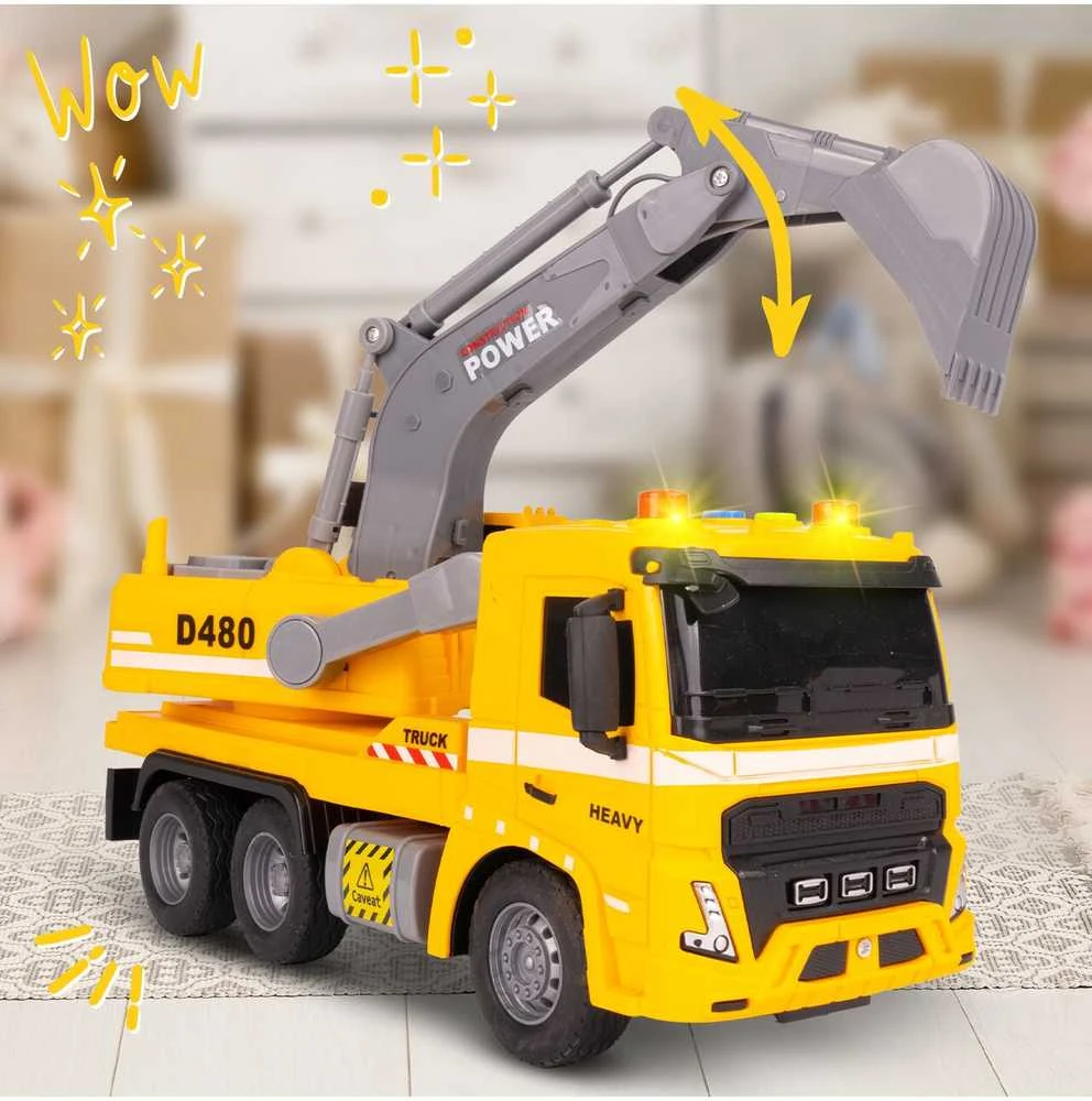Malplay Žaislinis sunkvežimis su ekskavatoriumi, statybinis vilkikas, automobilis 1:16, šviesos, garsas