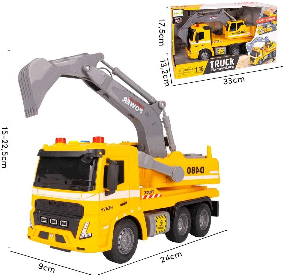 Malplay Žaislinis sunkvežimis su ekskavatoriumi, statybinis vilkikas, automobilis 1:16, šviesos, garsas