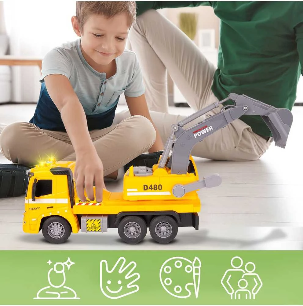 Malplay Žaislinis sunkvežimis su ekskavatoriumi, statybinis vilkikas, automobilis 1:16, šviesos, garsas