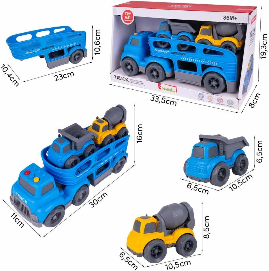 Malplay Žaislinis sunkvežimis- vilkikas su statybiniais automobiliais