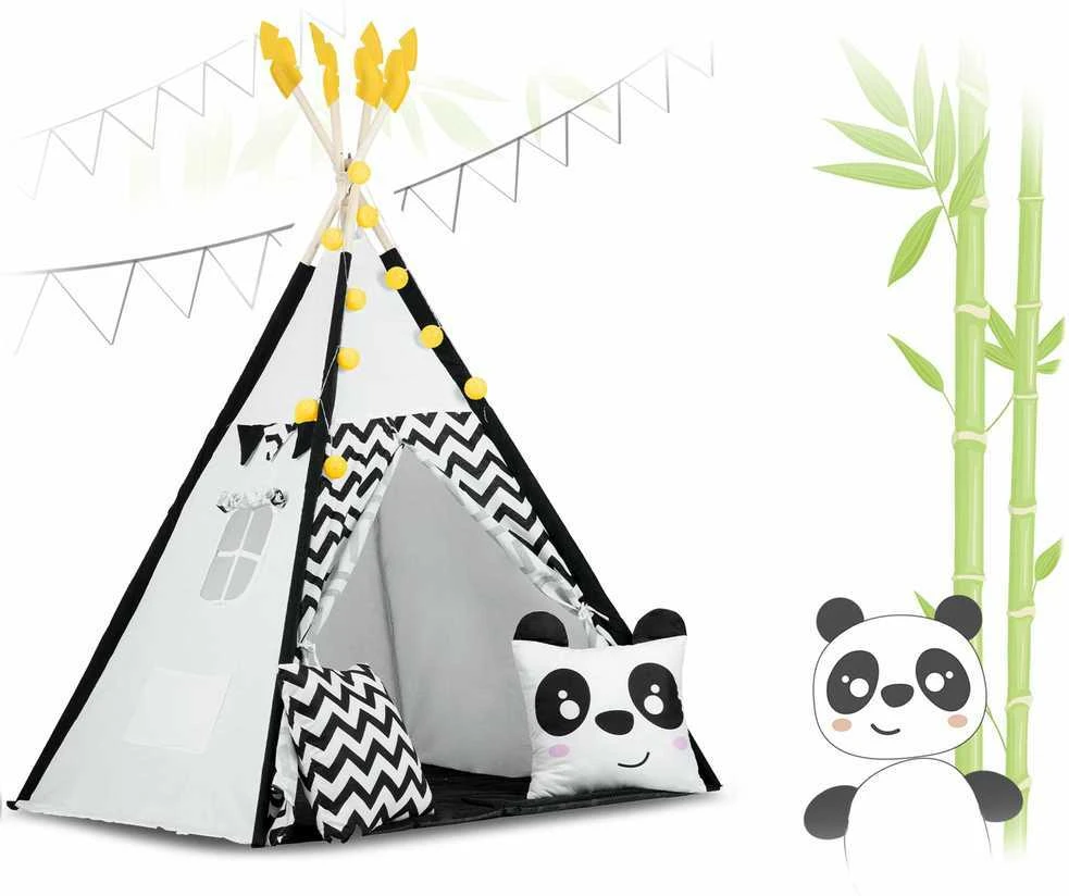 Nukido palapinė vaikams su girlianda ir švieselėmis - balta, juoda su panda