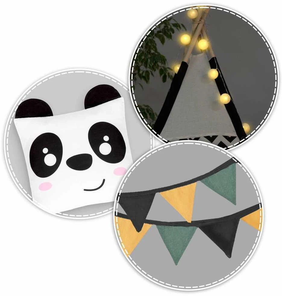 Nukido palapinė vaikams su girlianda ir švieselėmis - balta, juoda su panda