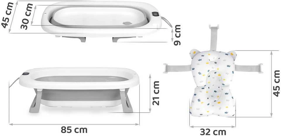 Sulankstoma vonelė vaikams, kūdikiams su termometru ir įdėklu Ricokids RK-287, baltos ir pilkos spalvos