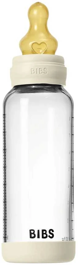 BIBS naujasis stiklinis buteliukas nuo dieglių 240 ml medium flow pilnas komplektas Ivory