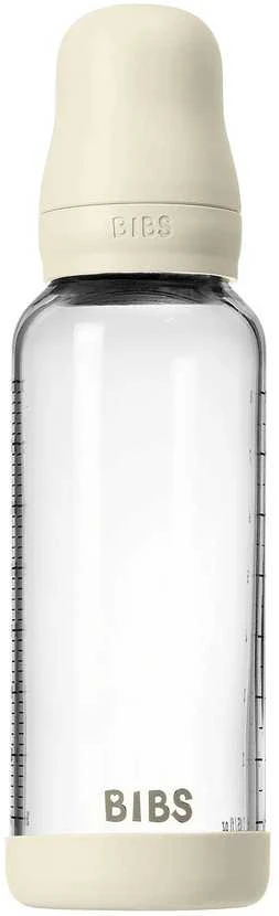 BIBS naujasis stiklinis buteliukas nuo dieglių 240 ml medium flow pilnas komplektas Ivory