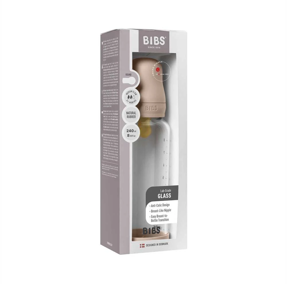 BIBS naujasis stiklinis buteliukas nuo dieglių 240 ml medium flow pilnas komplektas Blush