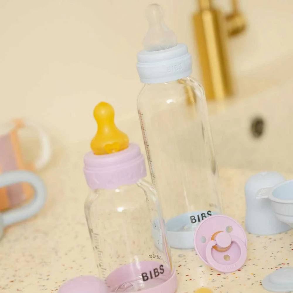 BIBS naujasis stiklinis buteliukas nuo dieglių 240 ml medium flow pilnas komplektas Ivory