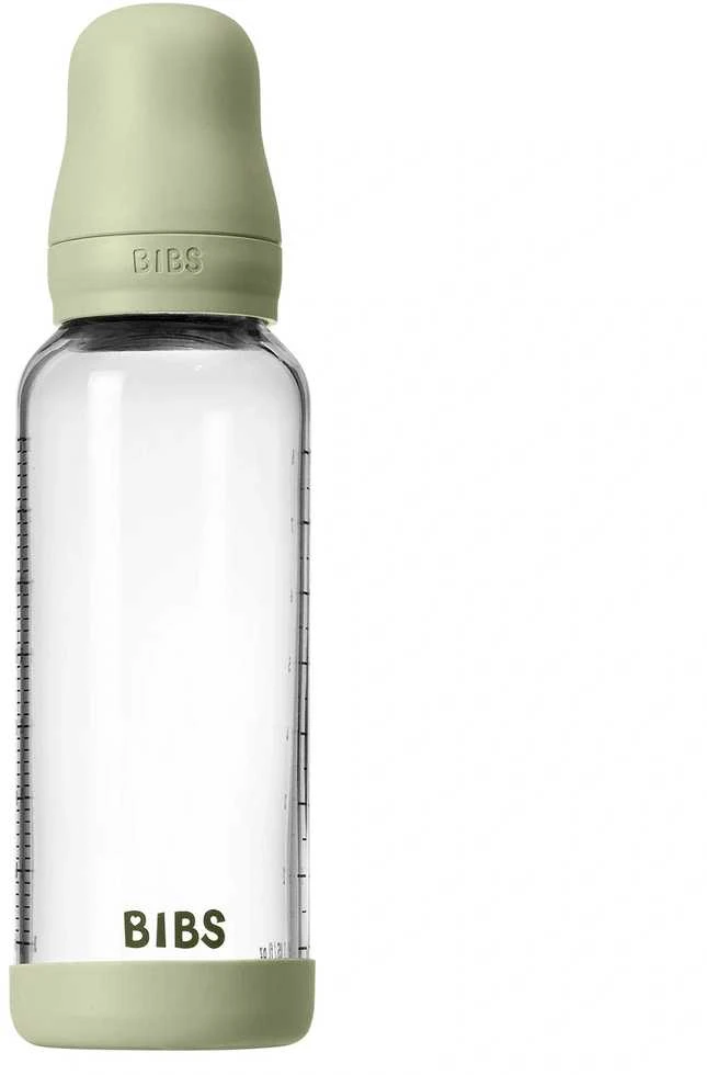 BIBS naujasis stiklinis buteliukas nuo dieglių 240 ml medium flow pilnas komplektas Sage