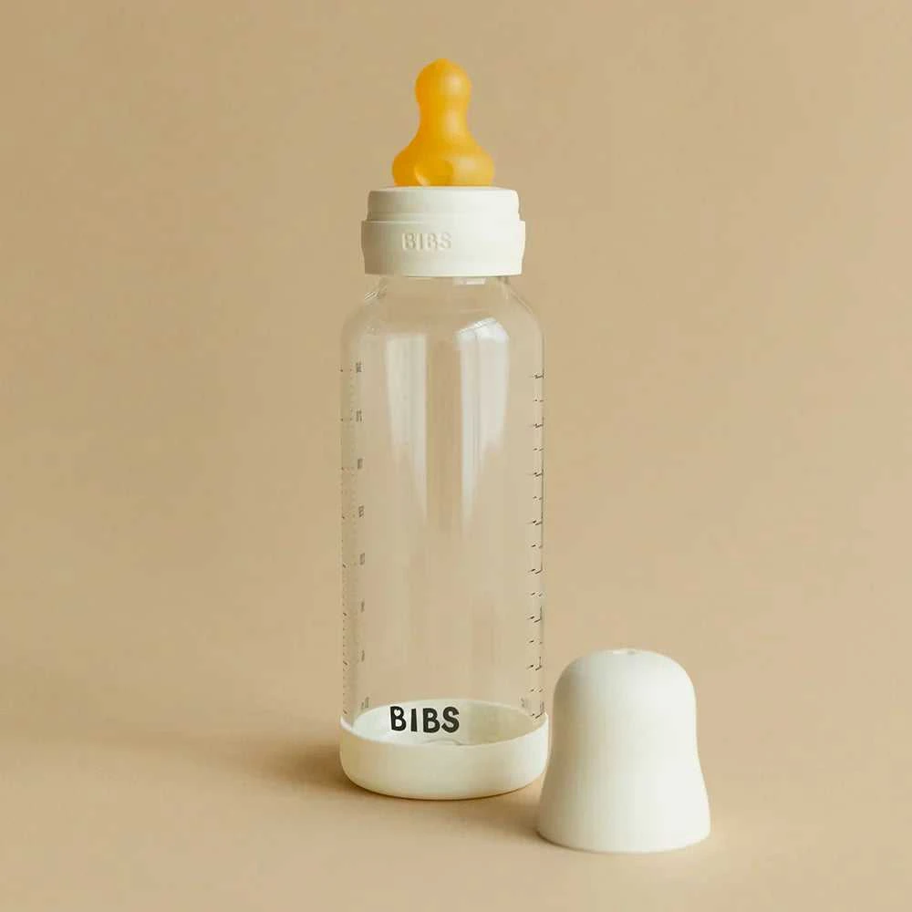BIBS naujasis stiklinis buteliukas nuo dieglių 240 ml medium flow pilnas komplektas Ivory