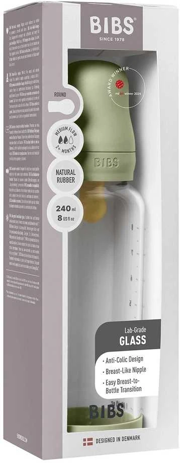 BIBS naujasis stiklinis buteliukas nuo dieglių 240 ml medium flow pilnas komplektas Sage