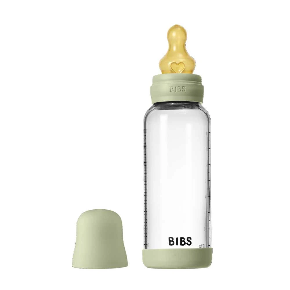 BIBS naujasis stiklinis buteliukas nuo dieglių 240 ml medium flow pilnas komplektas Sage