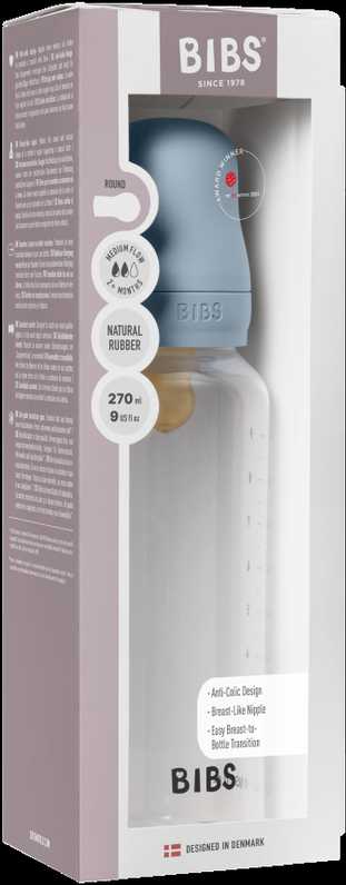BIBS plastikinis buteliukas nuo dieglių 270 ml (Baby Mėlyna) pilnas komplektas