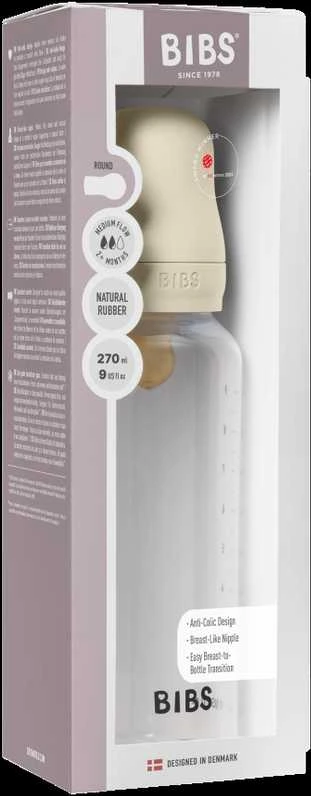 BIBS plastikinis buteliukas nuo dieglių 270 ml (Ivory) pilnas komplektas