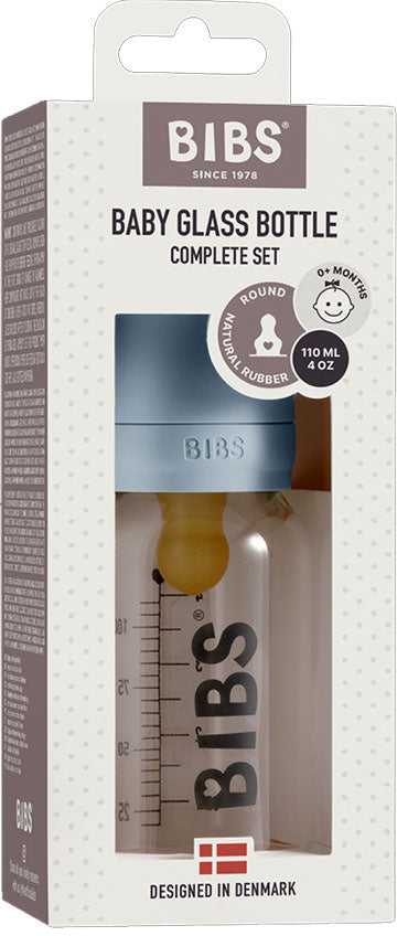 BIBS stiklinis buteliukas nuo dieglių 110 ml (Baby Mėlyna) pilnas komplektas
