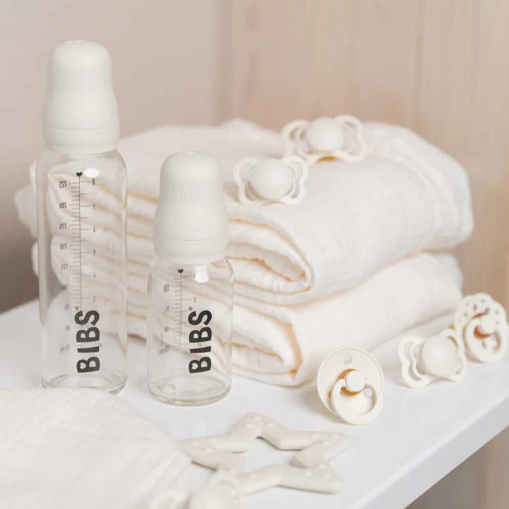 BIBS stiklinis buteliukas nuo dieglių 110 ml (Ivory) pilnas komplektas