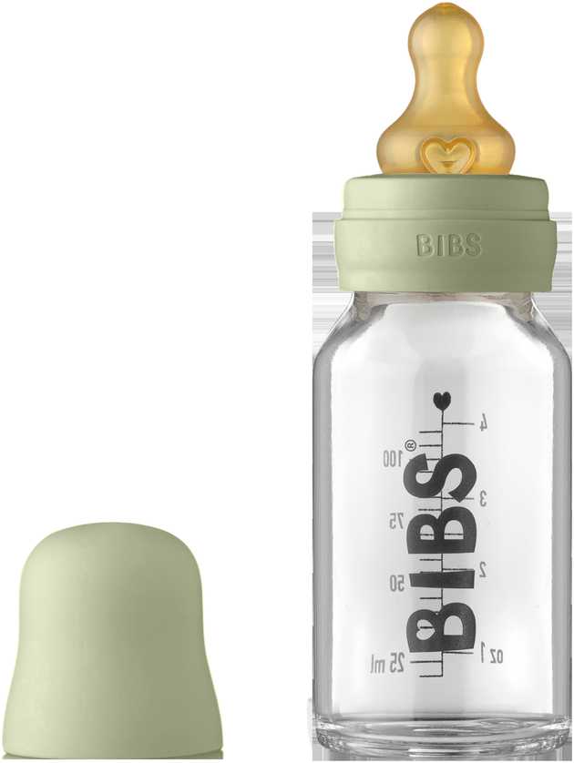 BIBS stiklinis buteliukas nuo dieglių 110 ml (Sage) pilnas komplektas