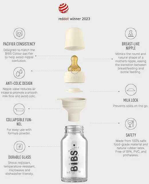 BIBS stiklinis buteliukas nuo dieglių 120 ml (Sage) pilnas komplektas