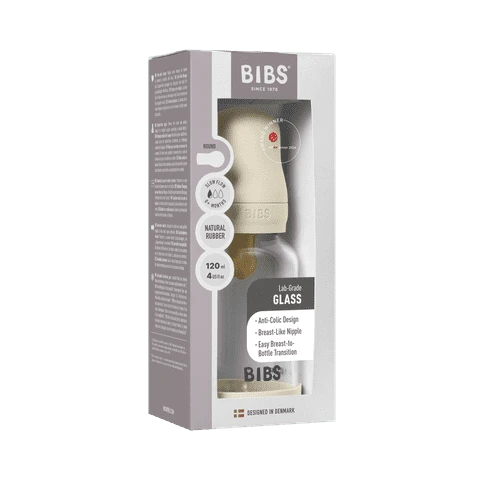 BIBS stiklinis buteliukas nuo dieglių 120 ml (Blush) pilnas komplektas
