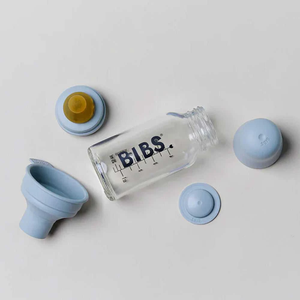 BIBS stiklinis buteliukas nuo dieglių 120 ml (Baby Mėlyna) pilnas komplektas