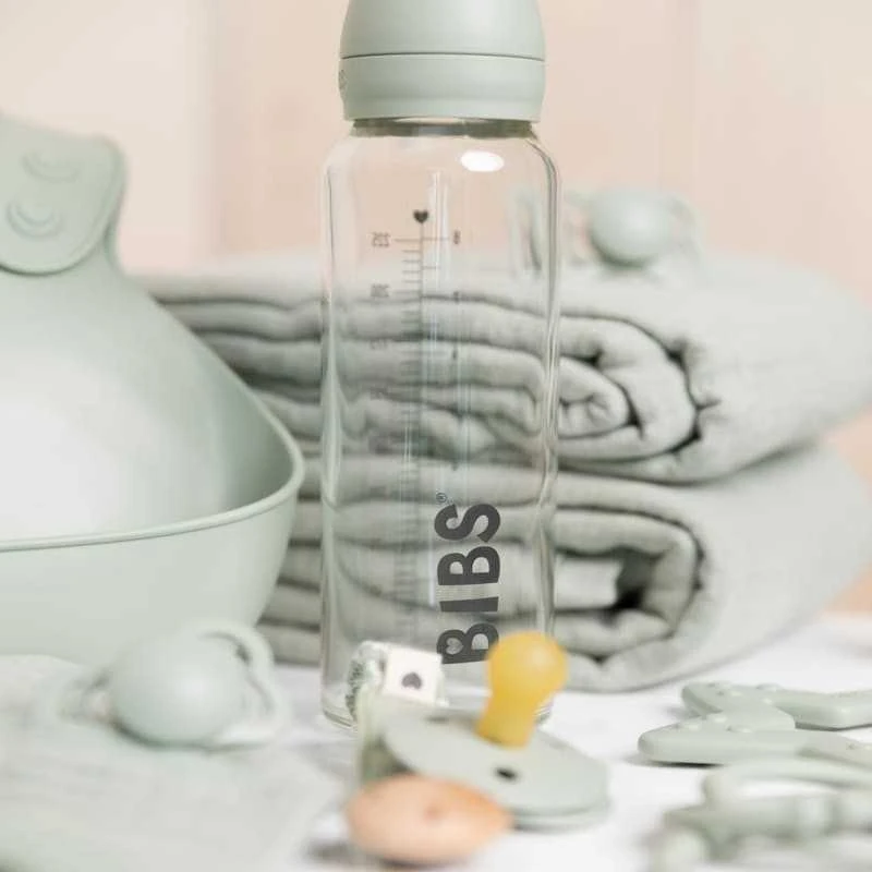 BIBS stiklinis buteliukas nuo dieglių 225 ml (Baby Mėlyna) pilnas komplektas