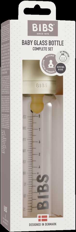 BIBS stiklinis buteliukas nuo dieglių 225 ml (Ivory) pilnas komplektas