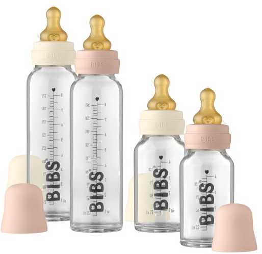 BIBS stiklinis buteliukas nuo dieglių 225 ml (Blush) pilnas komplektas