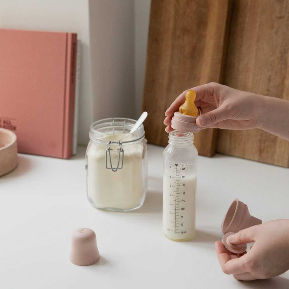 BIBS stiklinis buteliukas nuo dieglių 225 ml (Blush) pilnas komplektas