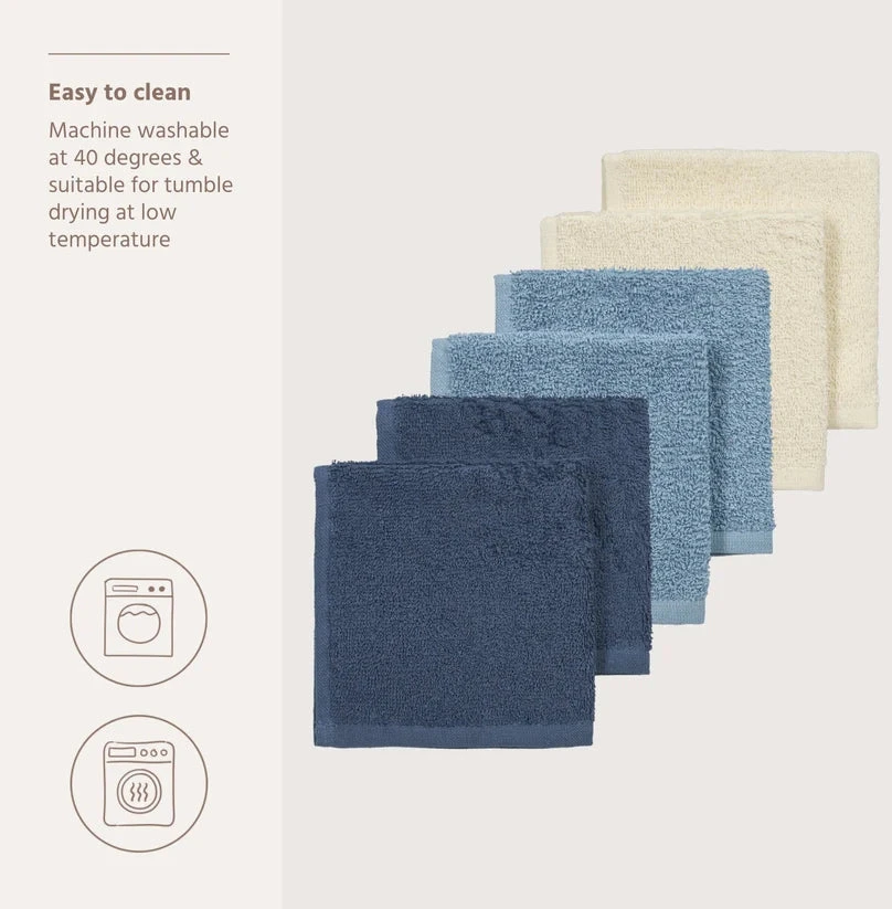 Meyco Baby frotinės šluostės-rankšluostukai kūdikiui Natural/Jeans Mėlyna/Indigo, 30×30 cm, 6 vnt.