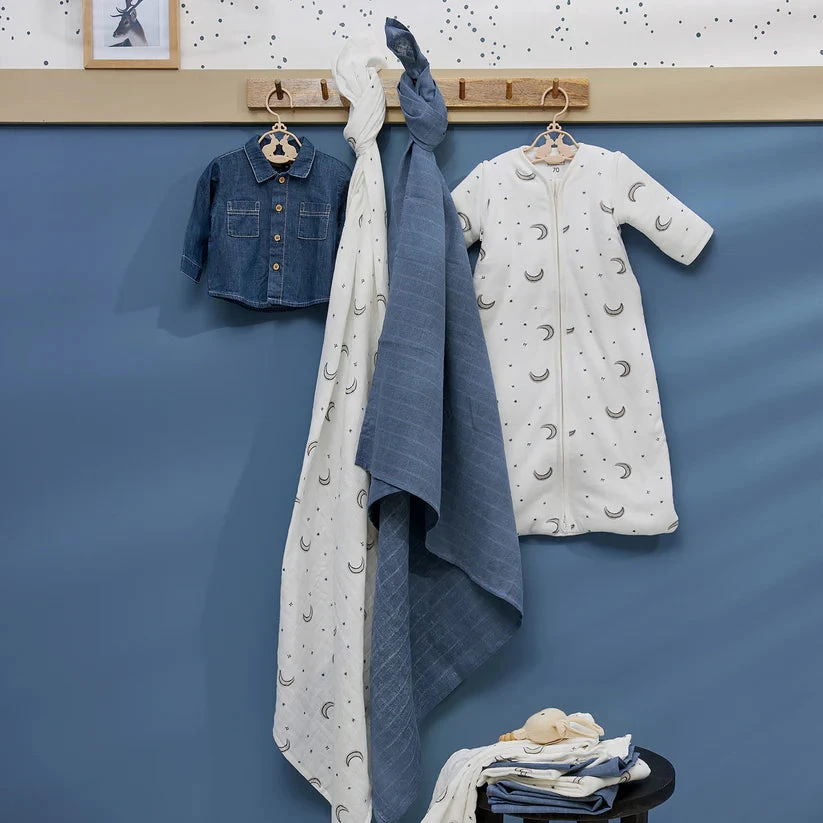 Meyco Baby kūdikio miegmaišis su nusegamomis rankovėmis Moon Indigo, TOG 2.5