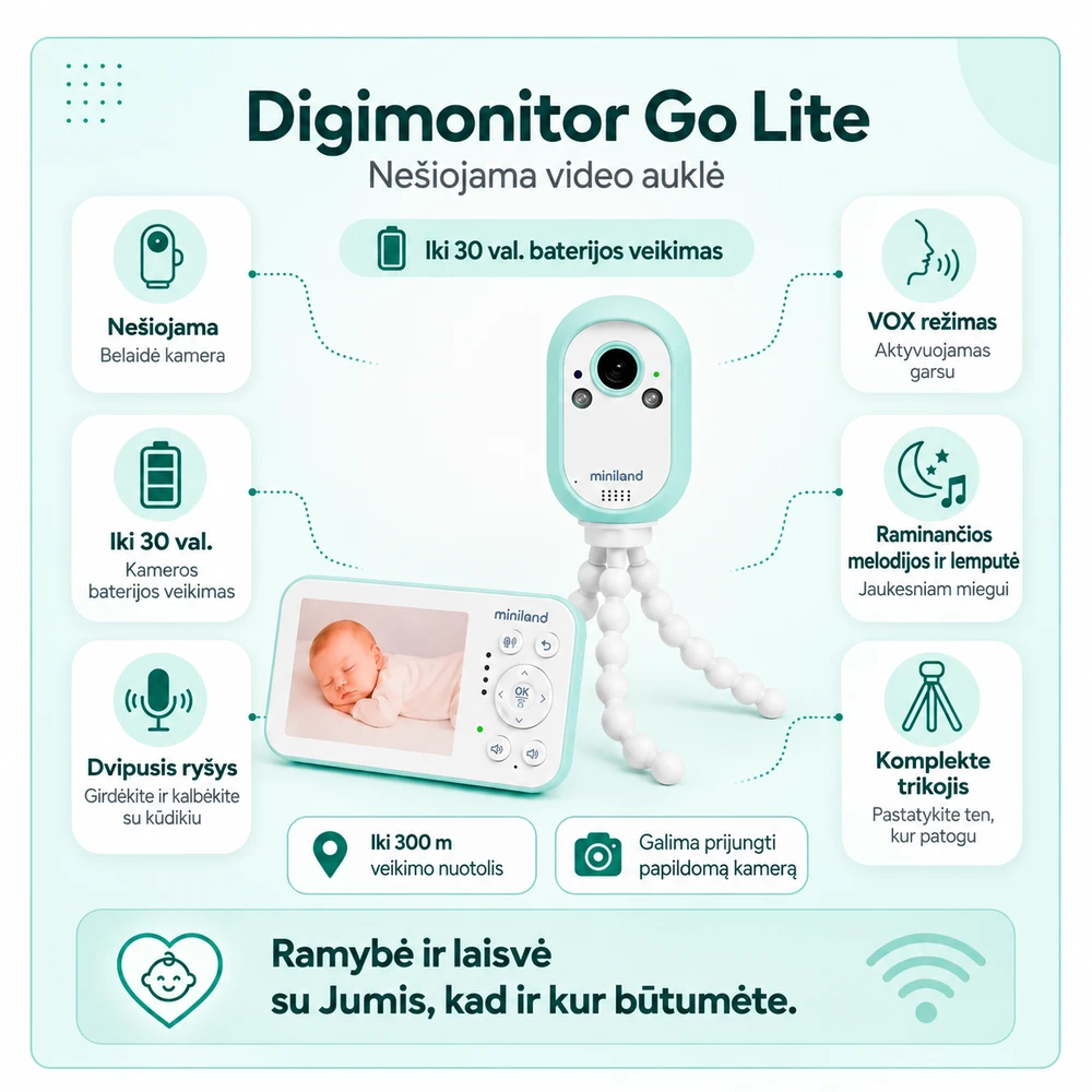 Miniland Digimonitor Go Lite belaidė video auklė su 2,8" ekranu