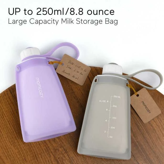 MOMCOZY DAUGKARTINIAI SILIKONINIAI PIENO IR MAISTO LAIKYMO MAIŠELIAI, 2 VNT. VIOLETINIS IR RAUSVAS