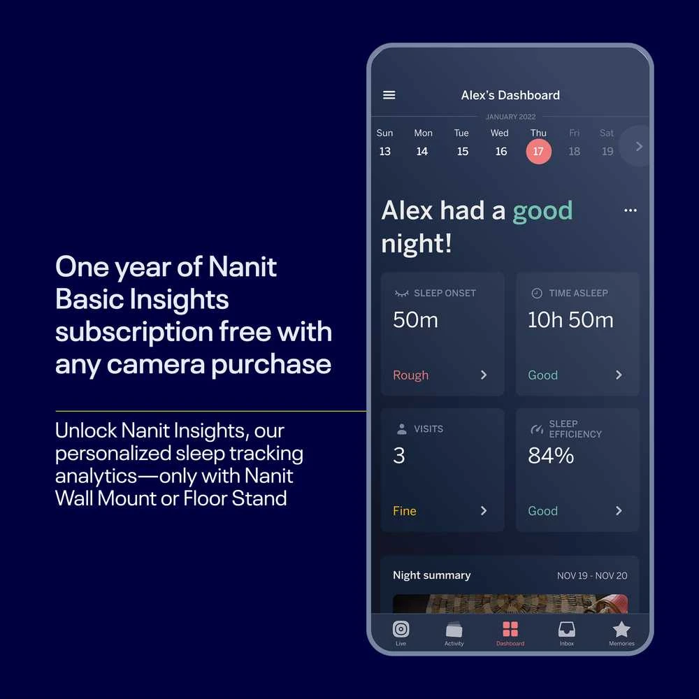 Nanit Pro Complete Monitorius System with Breathing Motion mobilioji auklė su universaliu stovu ir sienos laikikliu bei pilnas kvėpavimo monitorius