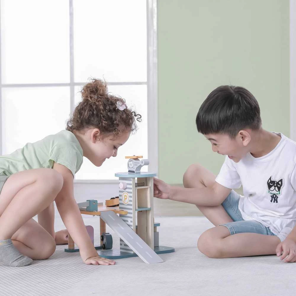 Viga Toys Medinė Garažas su Helikopteriu ir Automobiliais
