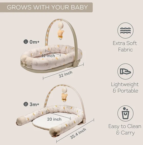 Taf Toys 2in1 kūdikio lavinamasis kilimėlis - lizdelis su žaidimų lanku Little Explorer, rusvai gelsvas