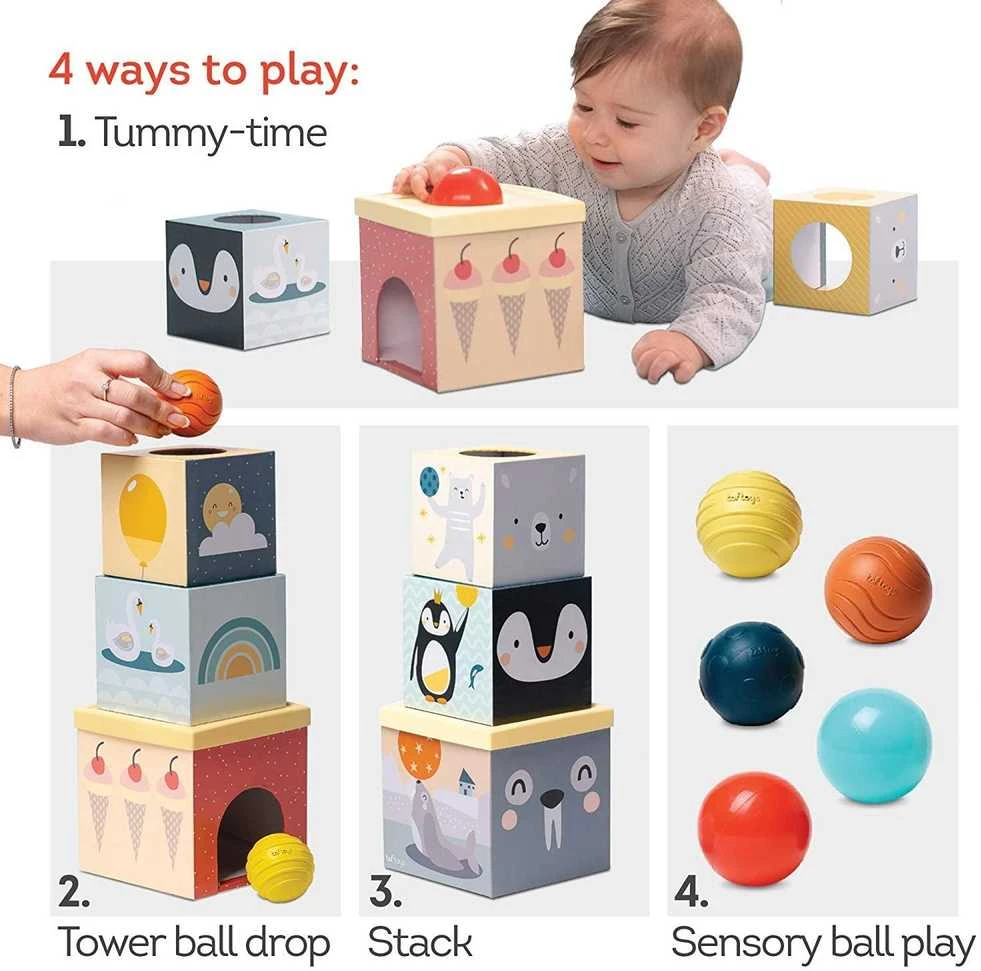 Taf Toys lavinamasis žaislas kubų bokštas North Pole Ball Drop Stacker