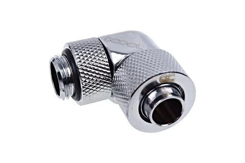 „Alphacool“ jungtis, 90 laipsnių, G1/4 colio, vidinis sriegis, 13/10 mm, pasukama, chromuota, sidabrinė