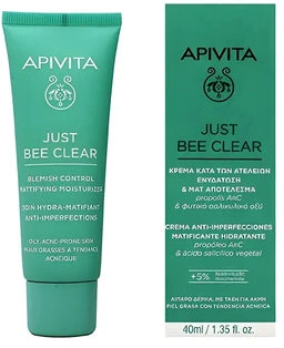 Apivita „Just Bee Clear Blemish Control“ matinį poveikį turintis drėkinamasis gelis-kremas riebiai ir į spuogus linkusiai odai, 40 ml