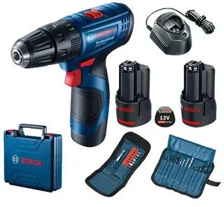 BOSCH smūginis suktuvas-gręžtuvas GSB 120-LI, 2x2,0Ah, lagaminas + 23 vnt rinkinys 12V 30/14Nm