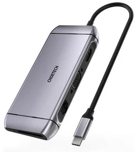 Choetech 9in1 daugiafunkcis USB Type C HUB – 3x USB 3.2 Gen 1 / SD ir TF atminties kortelių skaitytuvas / HDMI 4K 30Hz / VGA Full HD 60Hz / USB Type C / RJ45 pilkas (HUB-M15 pilka)