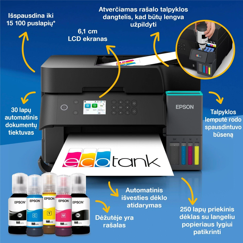 Daugiafunkcis spausdintuvas Epson EcoTank L6370 | A4 | spalvotas | Wi-Fi | Ethernet | automatinis dvipusis spausdinimas (C11CL43403)