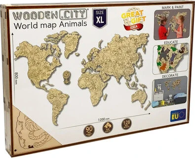 Dėlionė Wooden city 3D gyvūnų pasaulio medinis žemėlapis, XL dydis