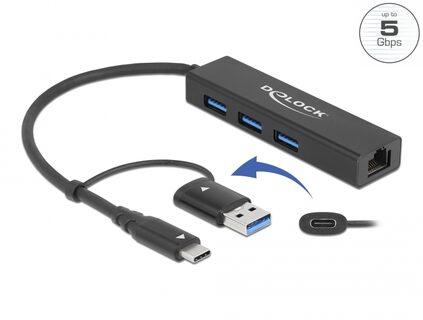 Delock 3 Port USB 3.2 Gen 1 Hub + Gigabit LAN