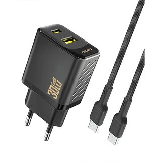 Dudao A27TCEU PD 30W GaN USB-A USB-C sieninis įkroviklis su USB-C laidu - Baltas