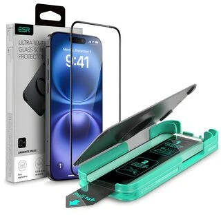 ESR Armorite Apsauginis stiklas, skirtas iPhone 16 su aplikatoriumi – su juodu rėmeliu