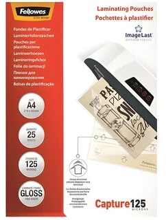 Fellowes | Laminavimo maišelis | A4 | Skaidrus | Storis: 125 mikronai, kiekis pakuotėje: 25 vnt.; Unikalus krypties rodyklės kokybės ženklas išnyksta laminavus.