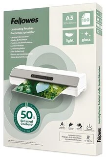 Fellowes laminavimo folija. A3 blizgi, lengva, perdirbta, 100 vnt.