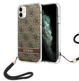 Guess GUOHCN61H4STW iPhone 11 rudas kietas dėklas 4G Print su dirželiu